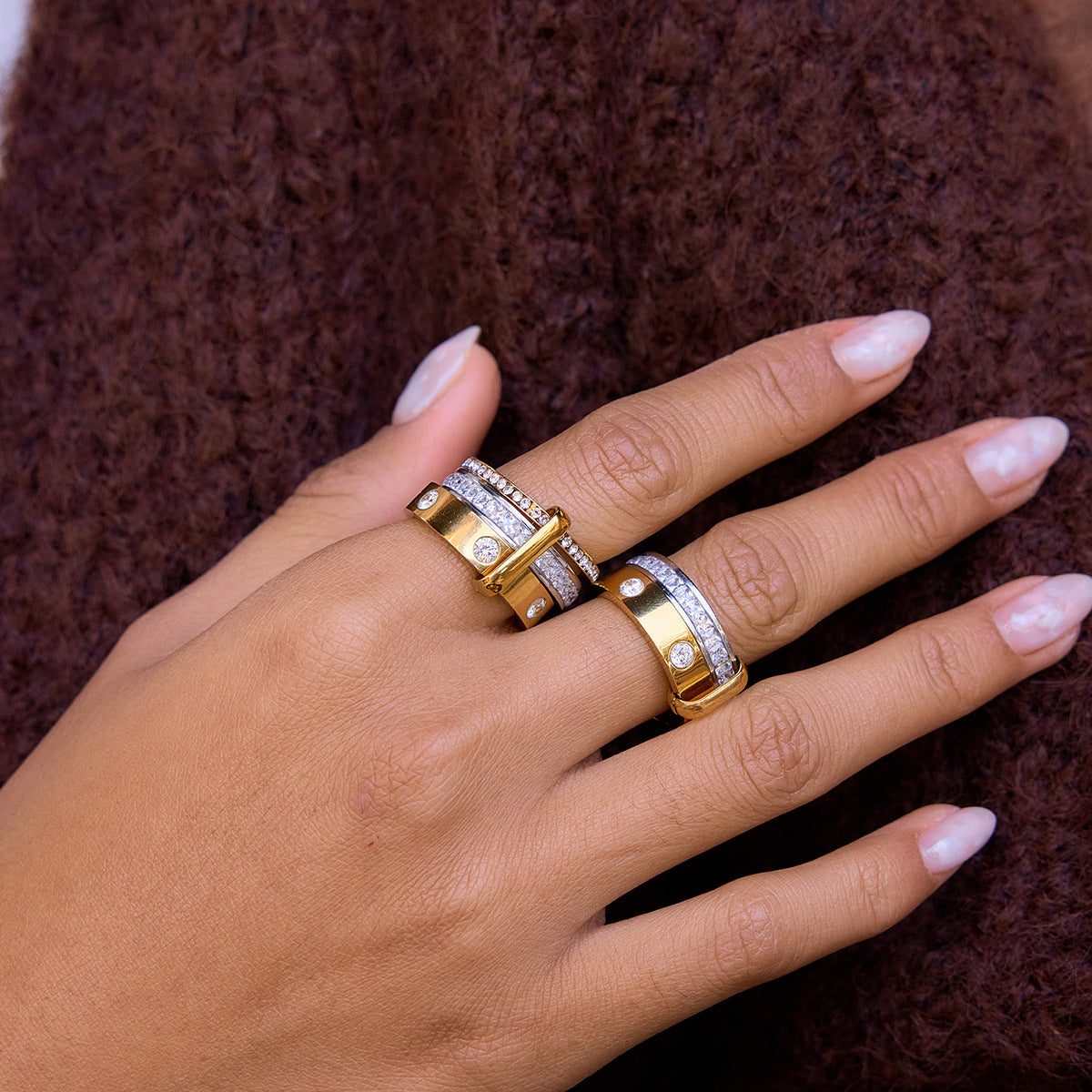 Diamond Twin Light Luxury Niche Design Stainless Steel Color Matching Rings
