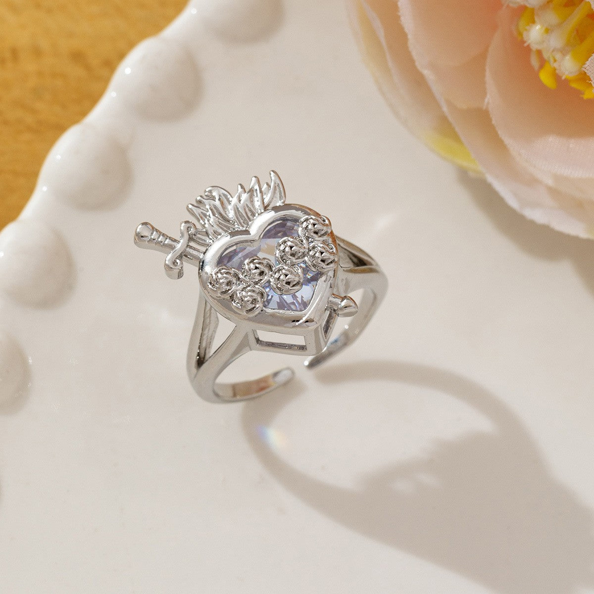 Temperament High Sense Loving Heart With Opening Adjustable Super Flash Ring