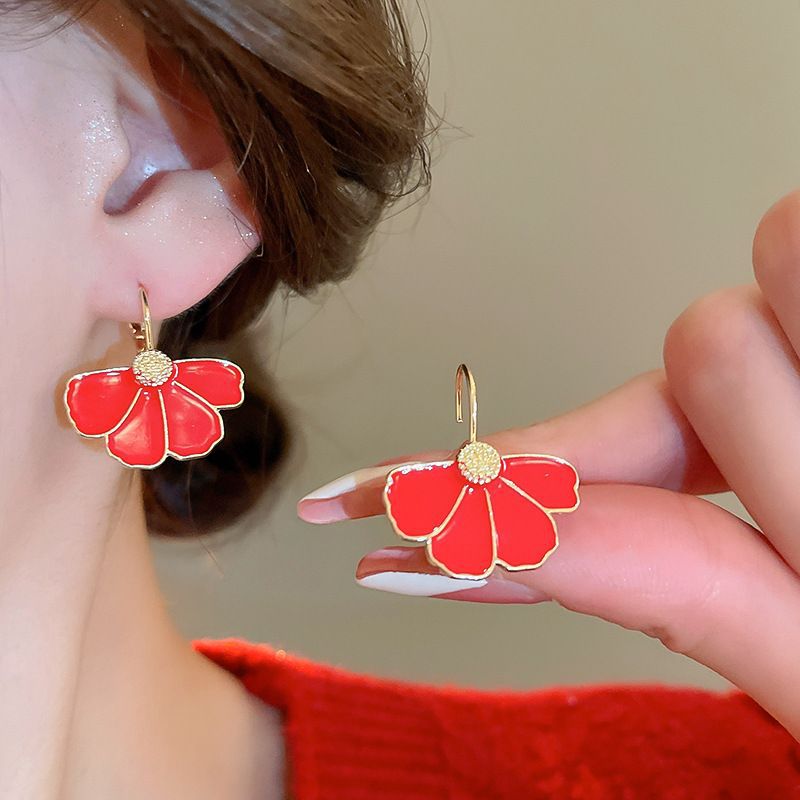 Women's Sier Needle Red Geometric Ear Korean Earrings