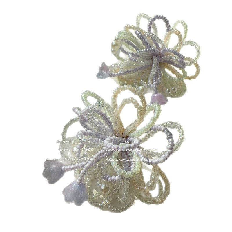 Women's Milk Taro Purple Cream Beaded Flower Exquisite Contrast Color Holiday Rings