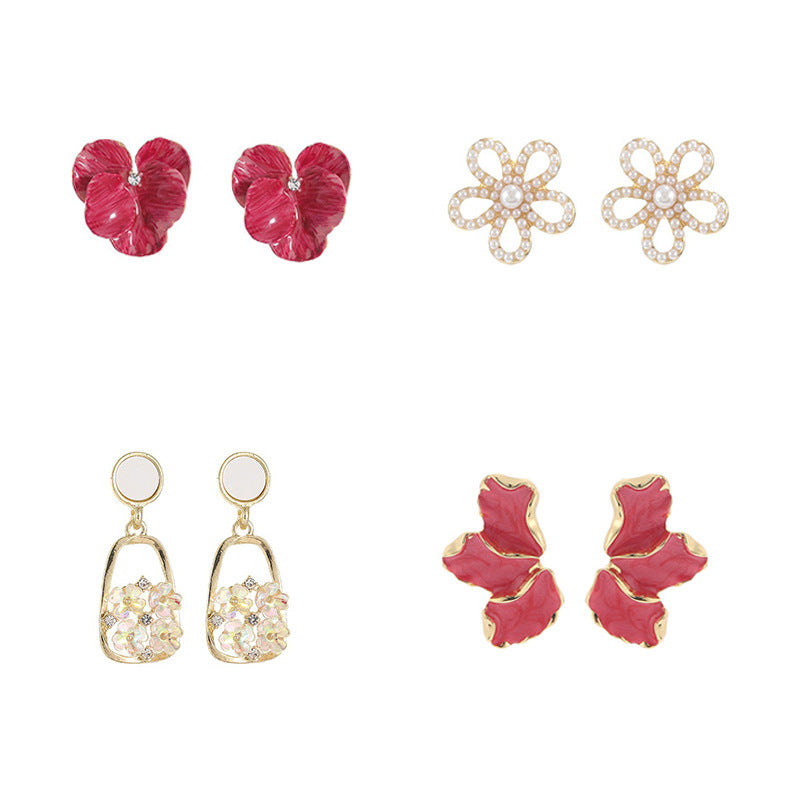 Summer Stylish Flower Sier Pin Sweet High Sense Design Petal Earrings