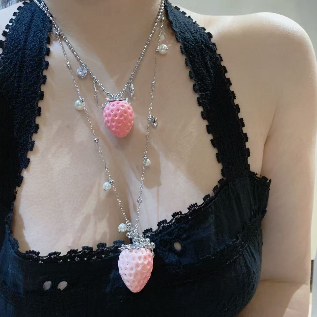 Girlish Style Gradient Pink Strawberry Female Sweet Cute Graceful Fashion Rings