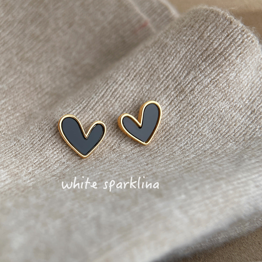 Daily Commuter Style Sier Plated Needle Love Heart Black White Stud Earrings