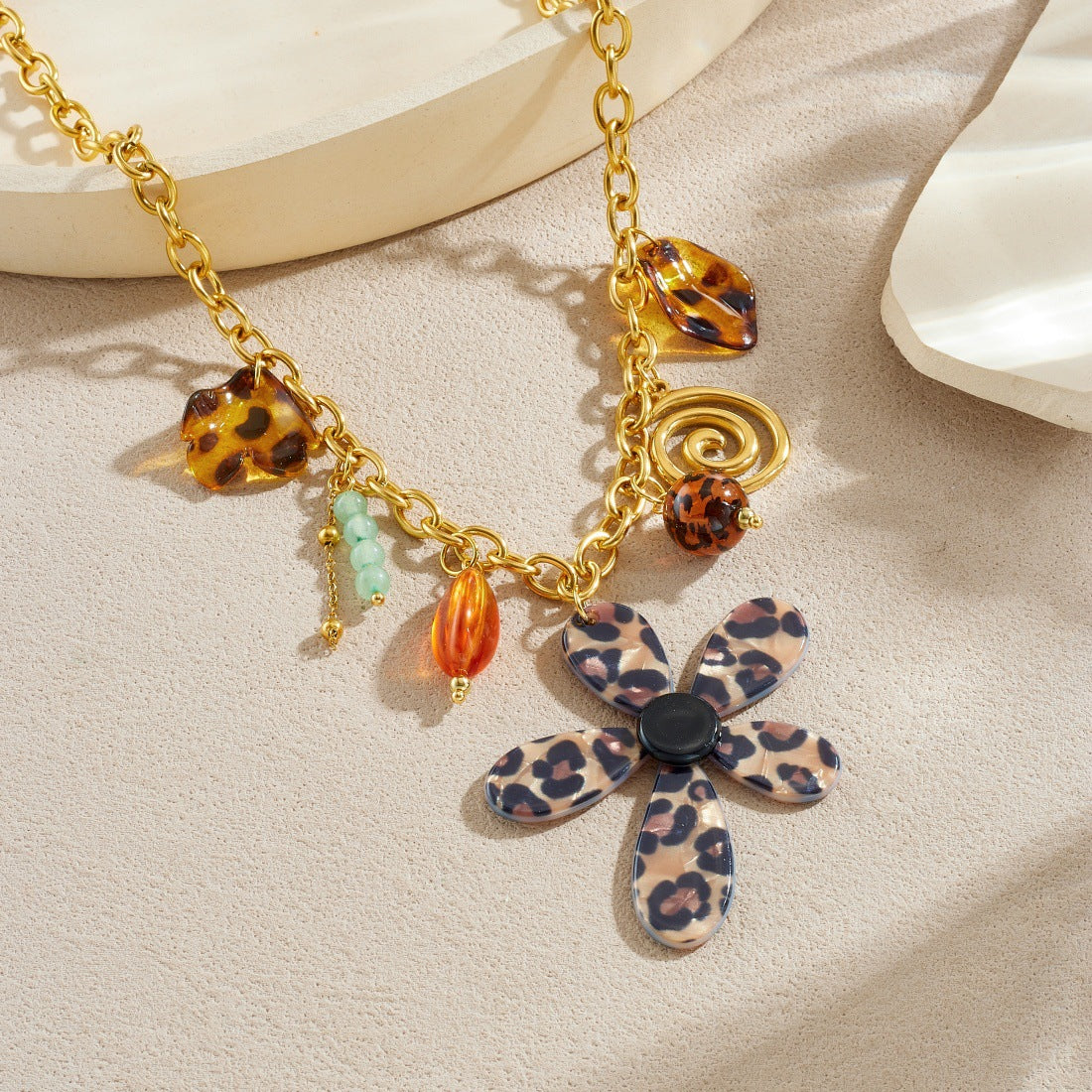Print Petal Flower Spiral Gold Plated Necklace