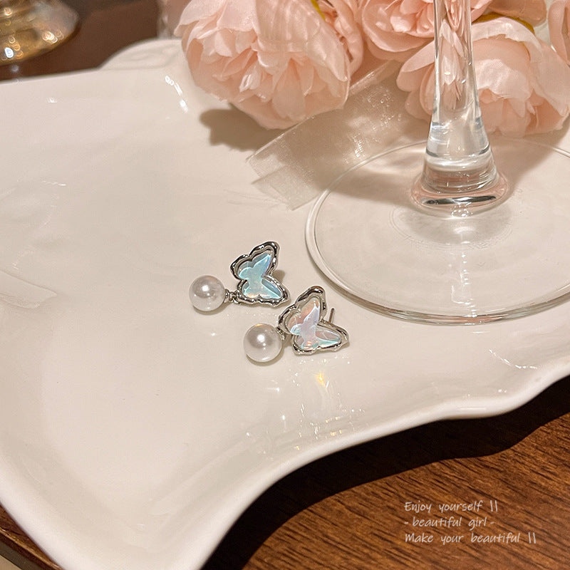 Women's Needle Blue Ocean Butterfly For Light Luxury Minority High-grade Pearl Stud Earrings