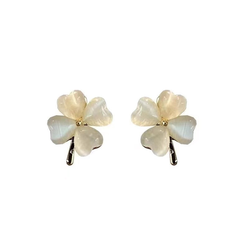 Women's Clover Opal Stone Ear Trendy Niche Design Small Delicate Stud Earrings