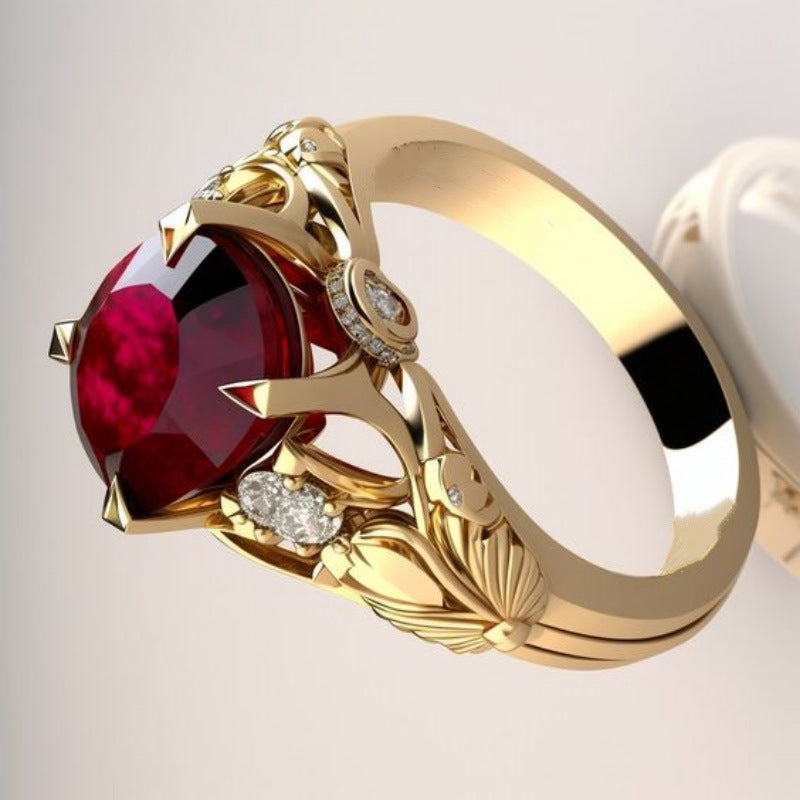 Women's Gold Plated Hollow Jeweled Light Luxury Red Ring