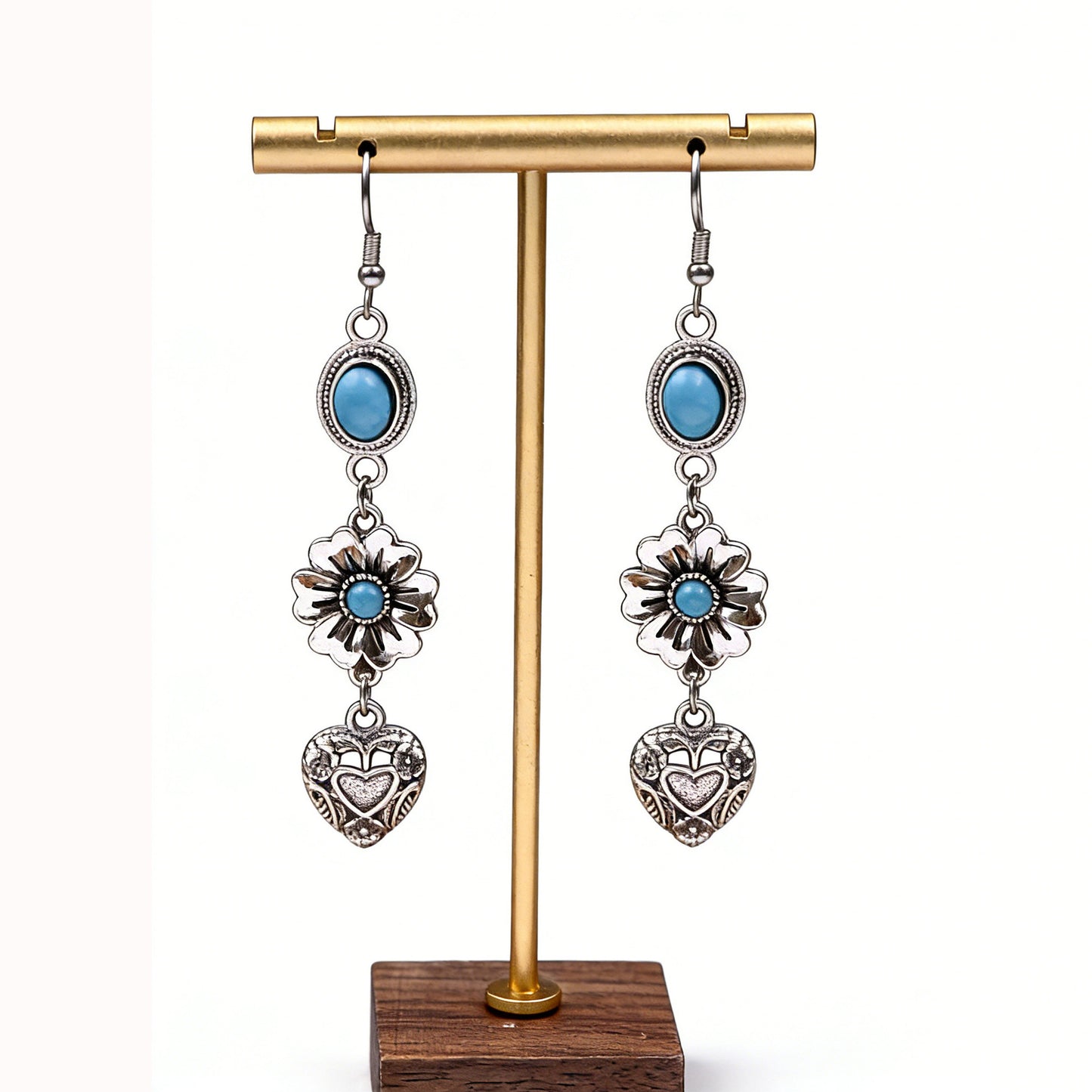 Bohemian Elegant Distressed Texture Flower Love With Turquoise Earrings