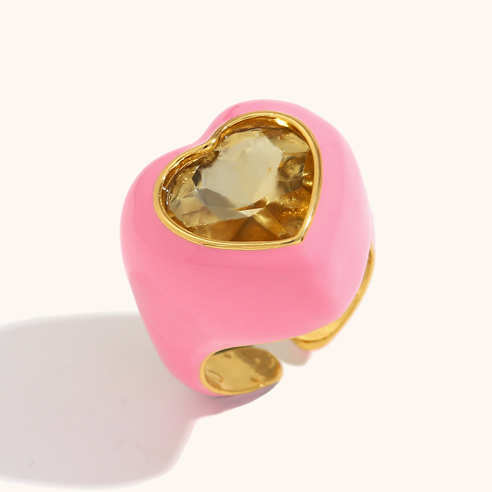 Simple Fresh Stainless Steel Gold-plated Cut Zircon Heart Rings