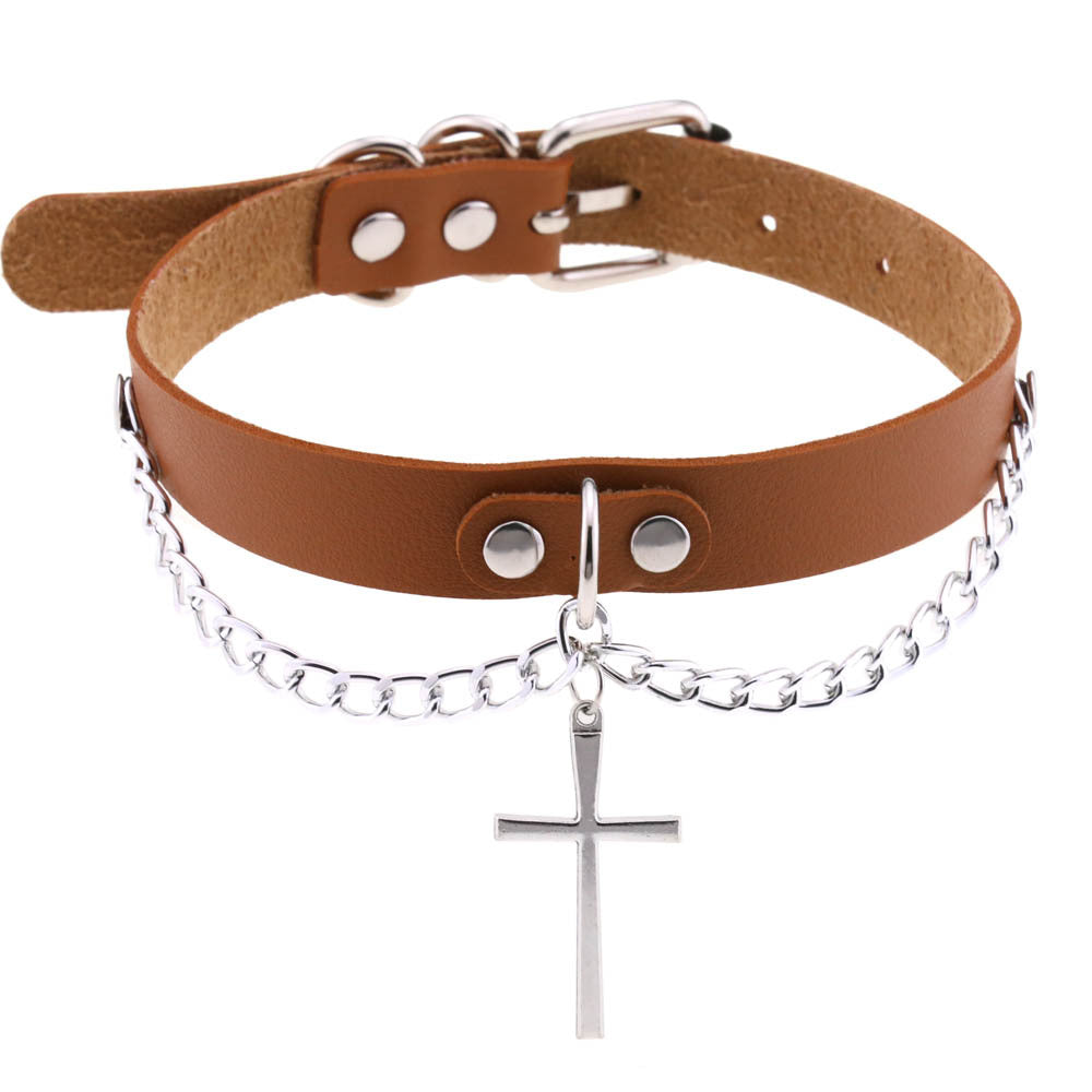 Leather Chain Cross Clavicle Classic Neckband Collar