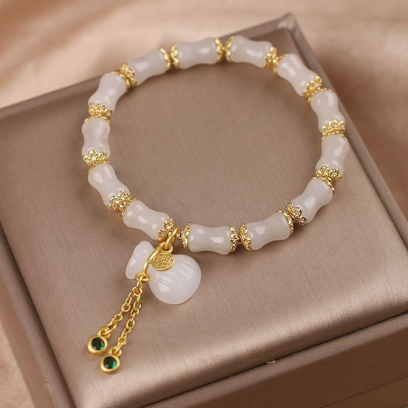 Chinese Ethnic White Jade Lucky Bag Tassel Artistic Simple Bracelet