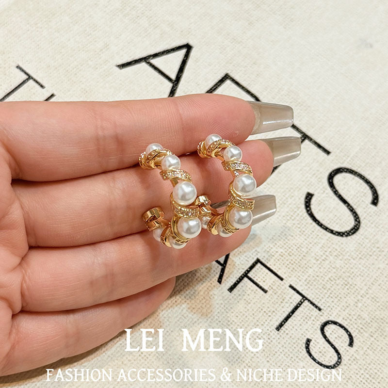 Micro Inlaid Zircon Bowknot Pearl Super Simple Stud Earrings