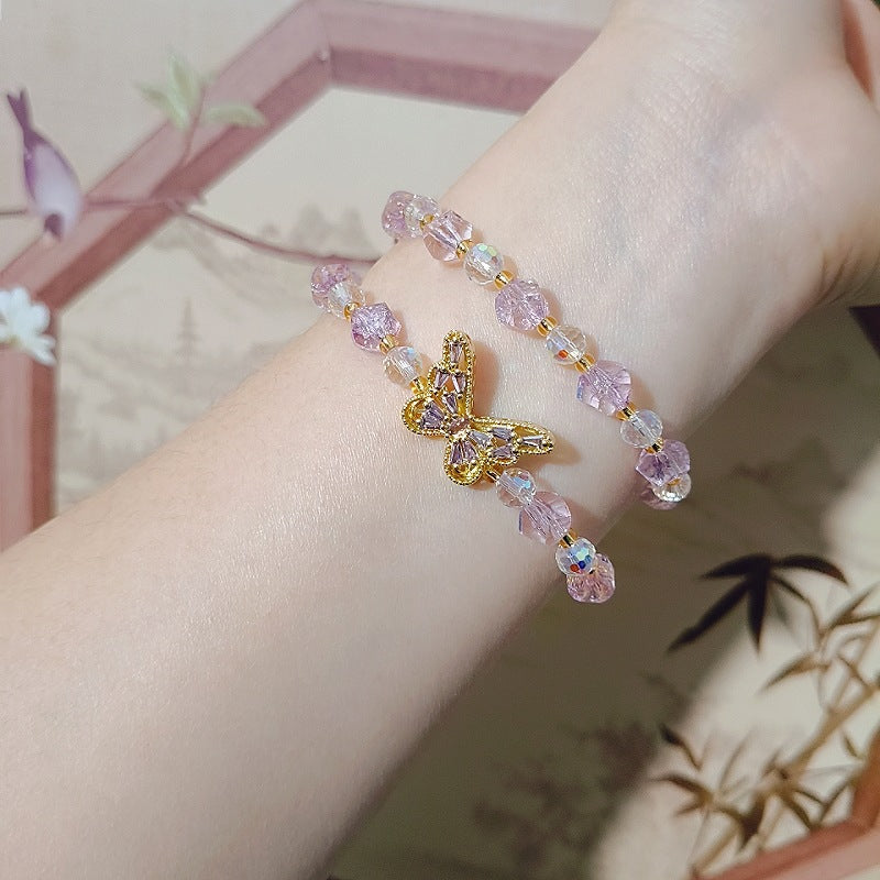 Super Flash Crystal Double Good-looking Diamond Butterfly Handmade Beaded Party Bracelet