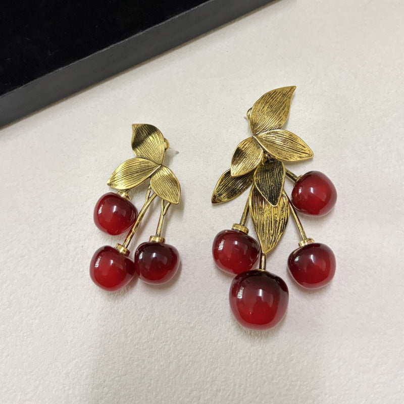 Women's Distressed Metal Leaf Resin Fruit Light Luxury High-grade Fashionable Earrings
