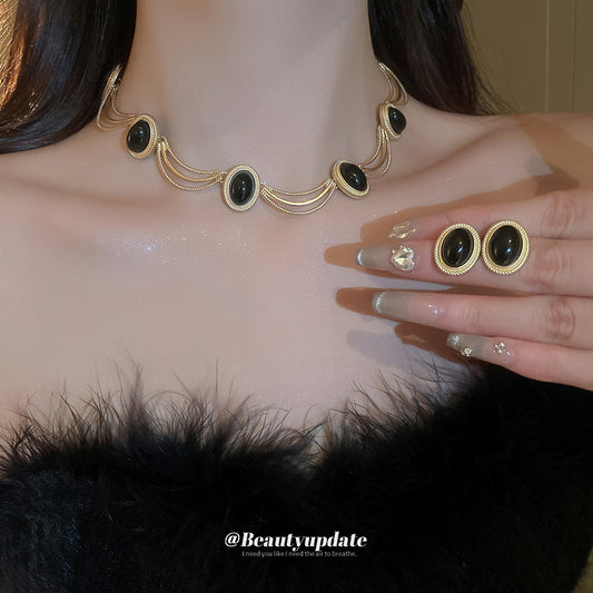 Sier Needle Retro Oval Geometric French Vintage Court Style Jewelry Set