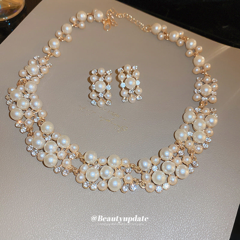 Rhinestone Pearl Rectangular Ear Two-piece French Vintage Court Style Light Necklaces