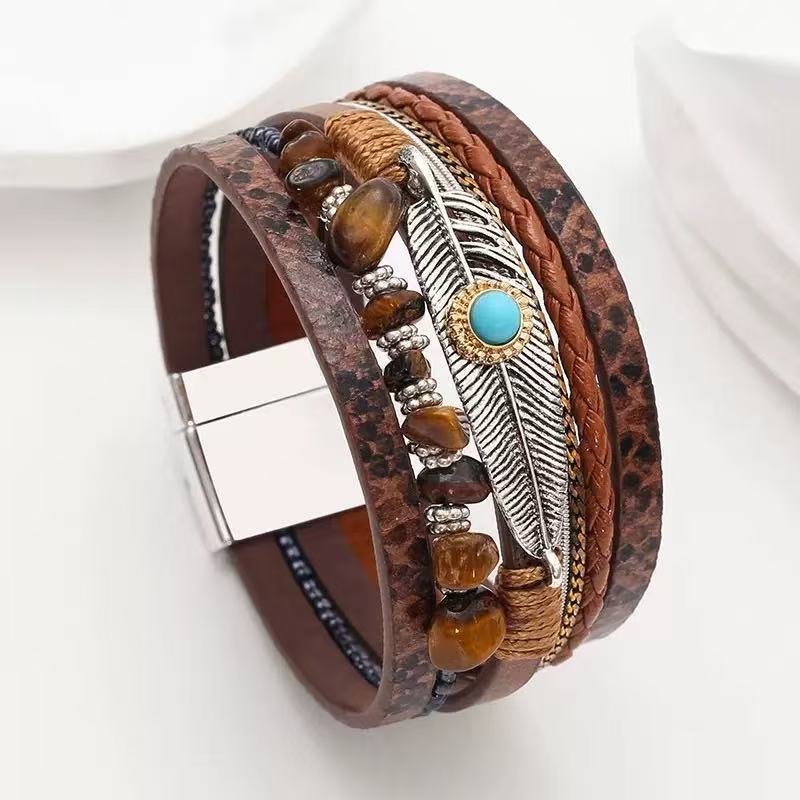 Women's Bohemian Style Gravel Feather Leather For Bracelet