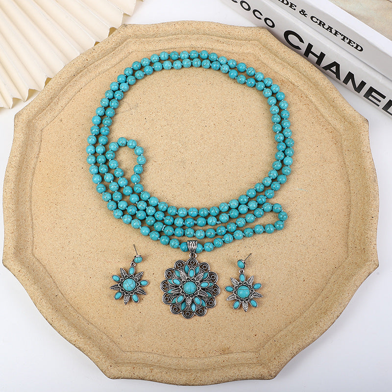 Retro Flower Turquoise Western Style Exaggerated Buddha Rings
