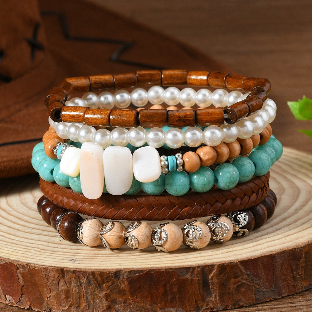 Wooden Bead Leather Rope Twin Ethnic Bracelet