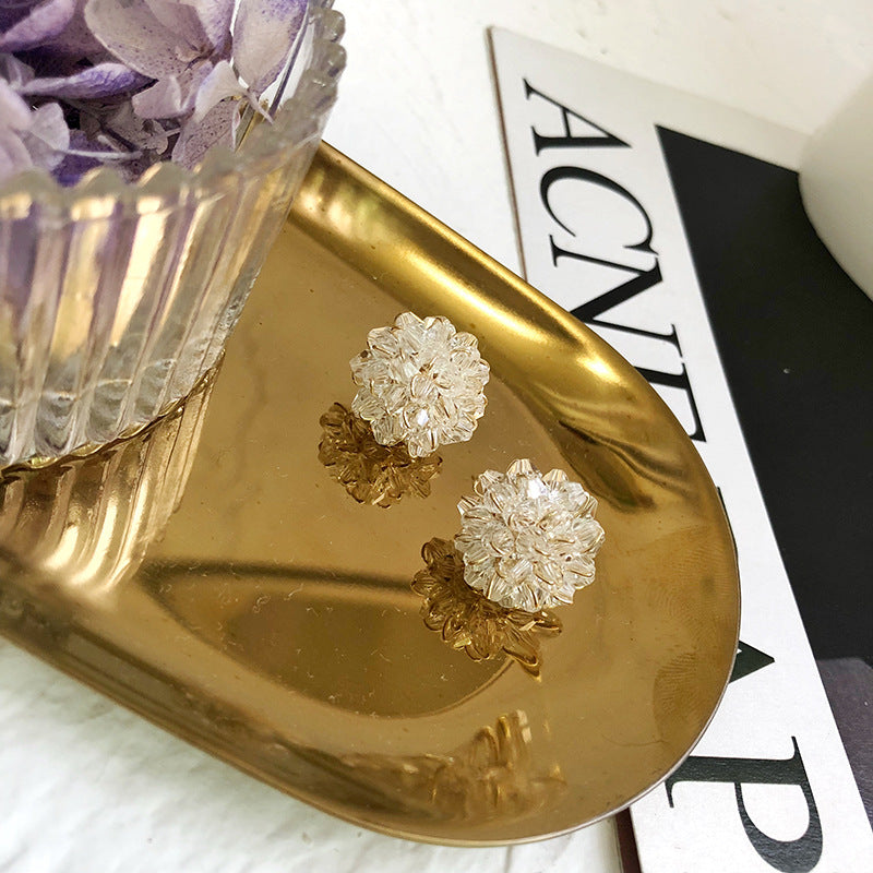 Sier Needle Handmade Round White Crystal Floral Ball Fairy Earrings
