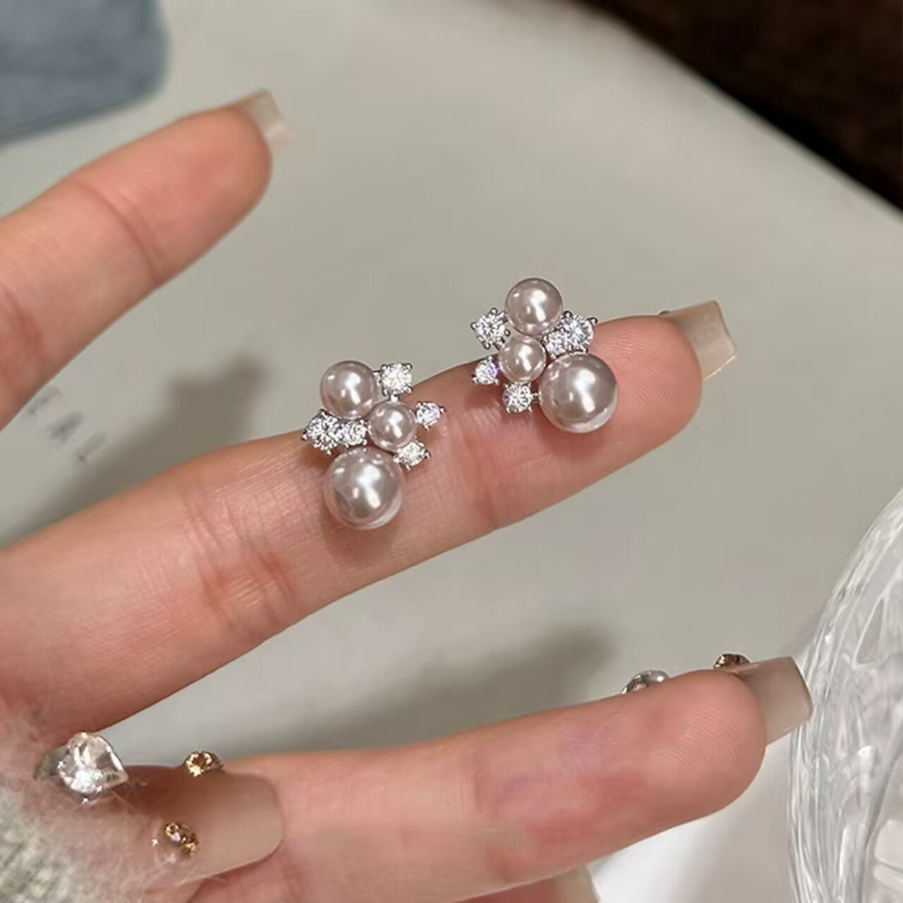 Women's Flash Rose Pink Pearl Rhinestone Finely Inlaid Elegant Rings