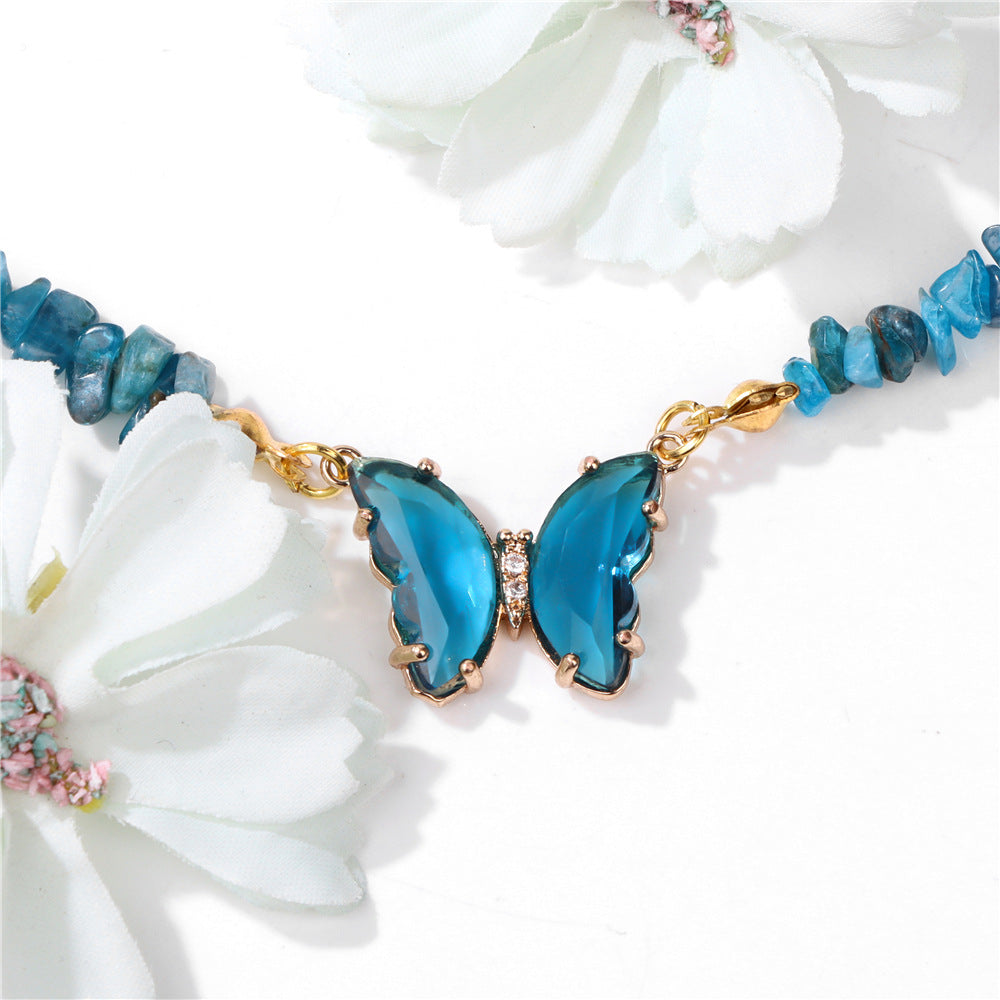 Women's Stone Gravel Beads Simple Butterfly Gem Necklaces