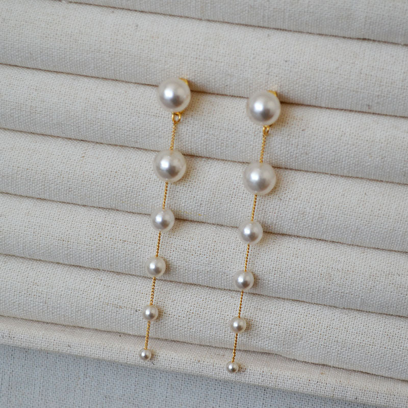 Women's Gradient Large Small Pearls Tassel Sier Earrings