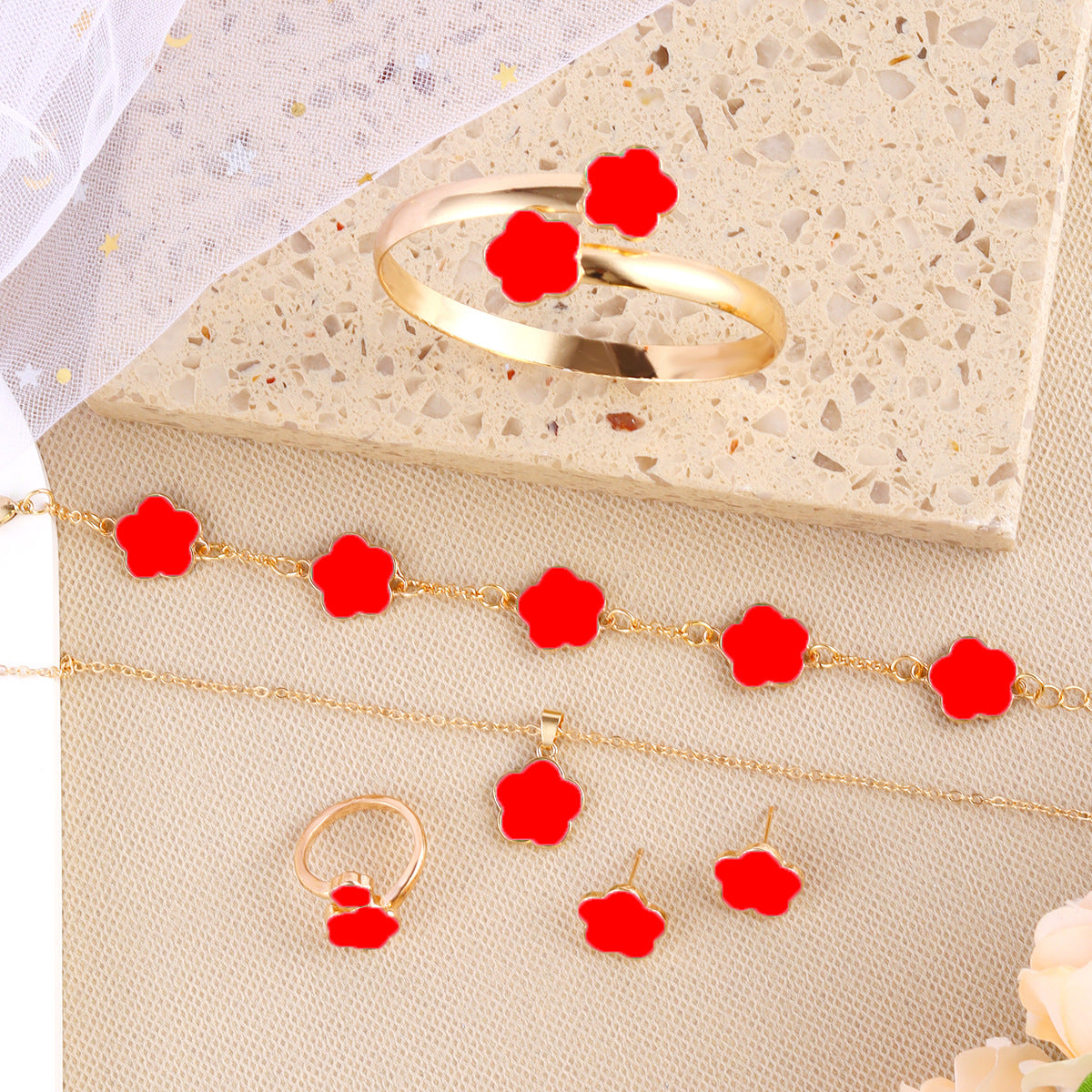 Korean Style Five Leaf Flower Fashion Lucky Ear Jewelry Set