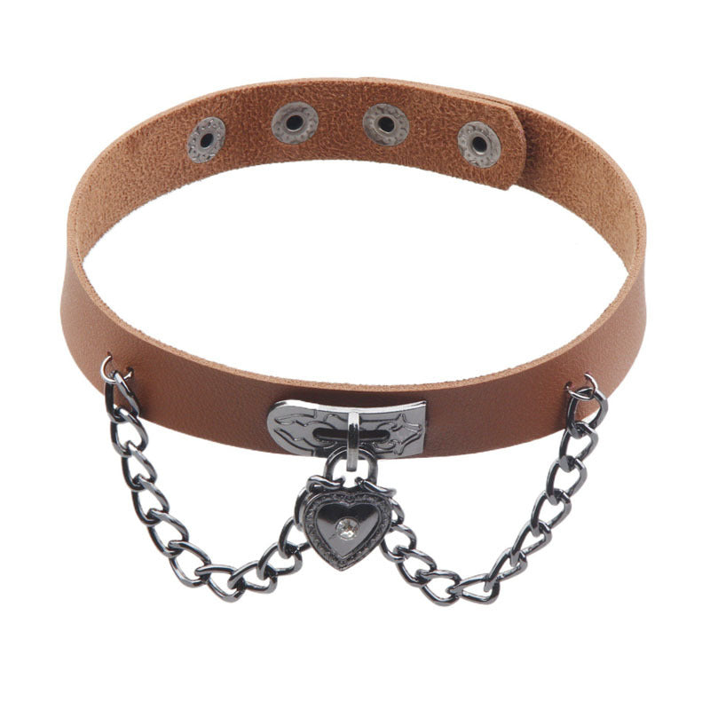 Dark Punk Heart Leather Chain Neck Band Peach Style Collar