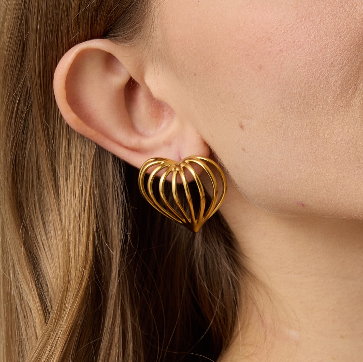 Gold Stainless Steel Heart Shape Hollow Stud Earrings