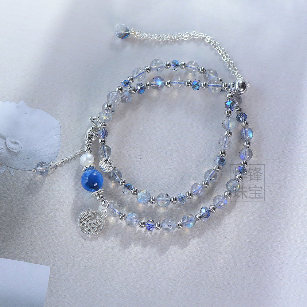 Women's & Men's Heart Agate Blue Crystal Sier Bead Girlfriend Bracelet