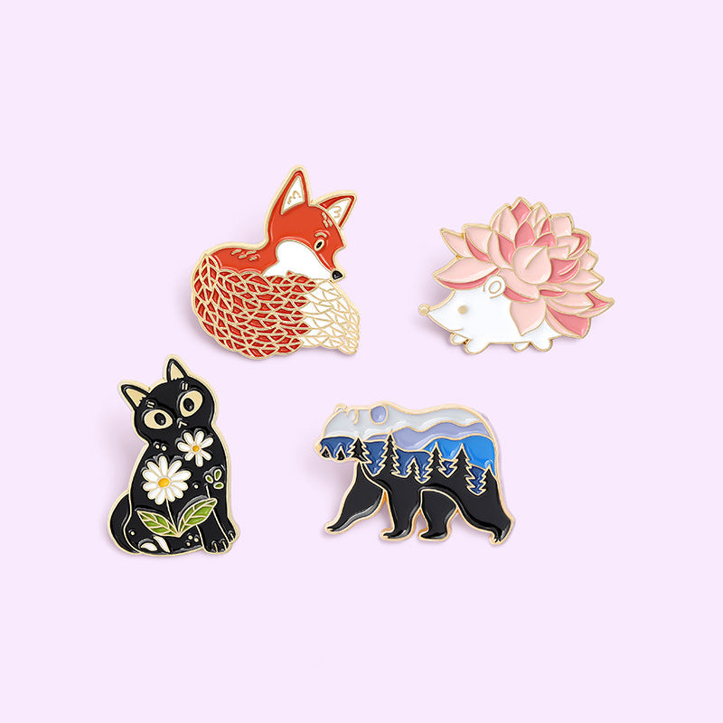 Animal Series Brooch Cute Red Fox Black Cat Brooches