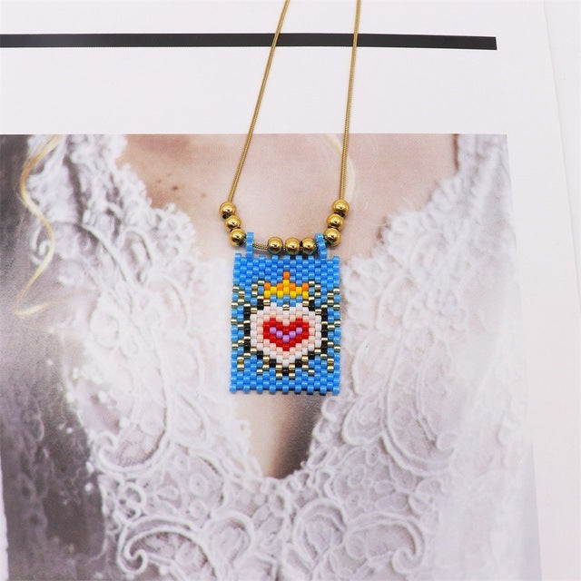 Bohemian Style Gold Rainbow Love Devil's Eye Square Necklaces