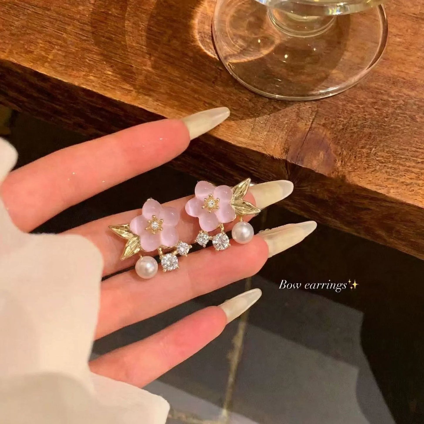 Super Fairy Gentle Pink Versatile Pearl Flower Female Sweet High Stud Earrings