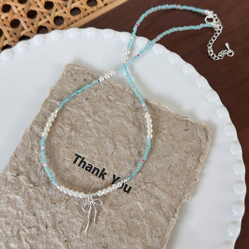Summer Cool Color Short Blue Beaded Pearl Bow Clavicle Chain Necklaces