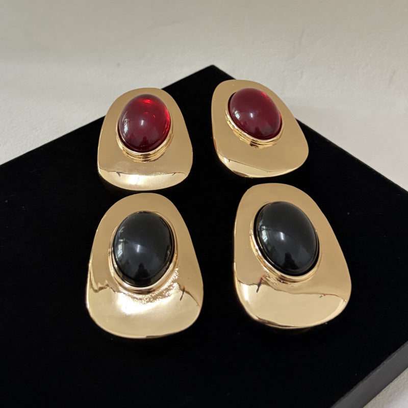 Luxury Metal Glossy Oval Resin Gemstone Earrings