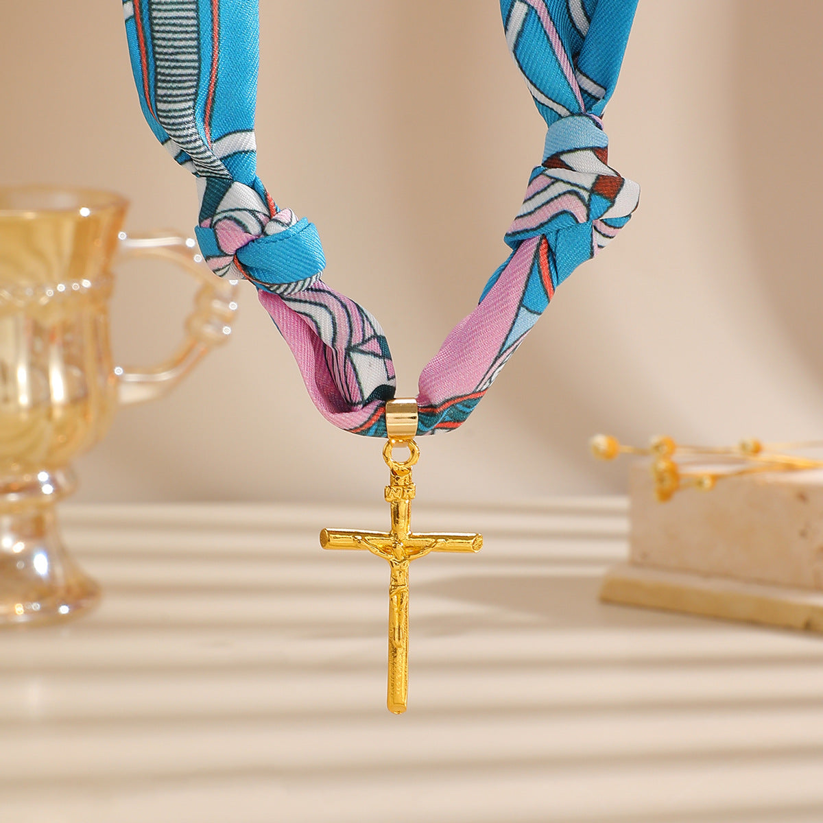 Women's Colorful Silk Scarf Hand-knotted Cross Fabric Necklace