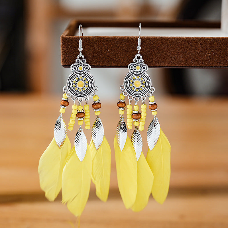 Feather Round Drop Oil Craft Retro Ethnic Earrings