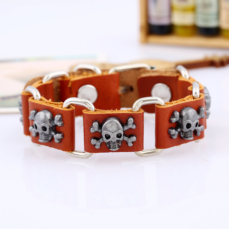 Men's Genuine Leather Alloy Skull Punk Vintage Cowhide Bracelets