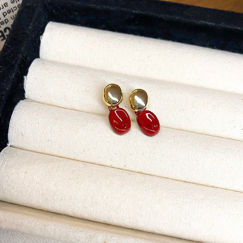 Women's Sier Needle Red Geometric Ear Korean Earrings