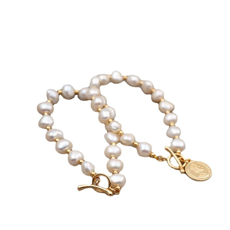 Women's Korean Baroque Freshwater Pearl Real Gold Design Cold Bracelet