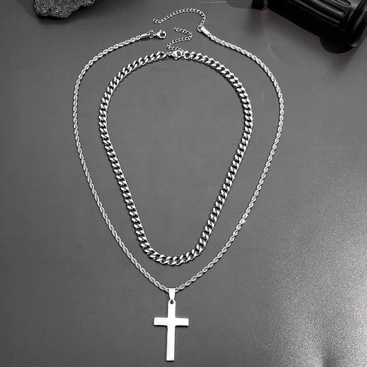 Steel Stainless Double Layer Cross Female Male Necklaces