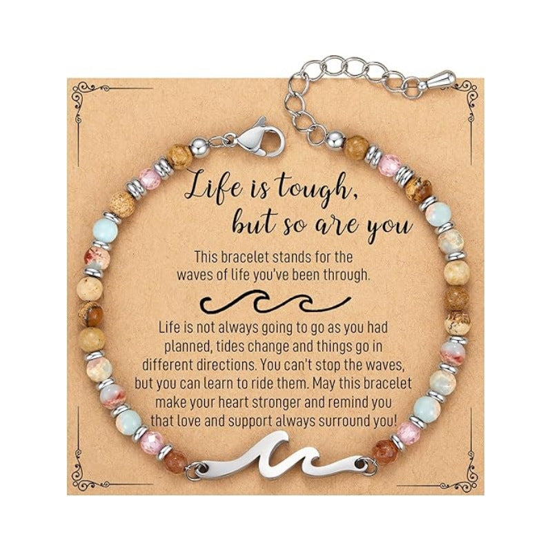 Women's Natural Stone Beaded Cross Lobster Buckle Adjustable Band Bracelet