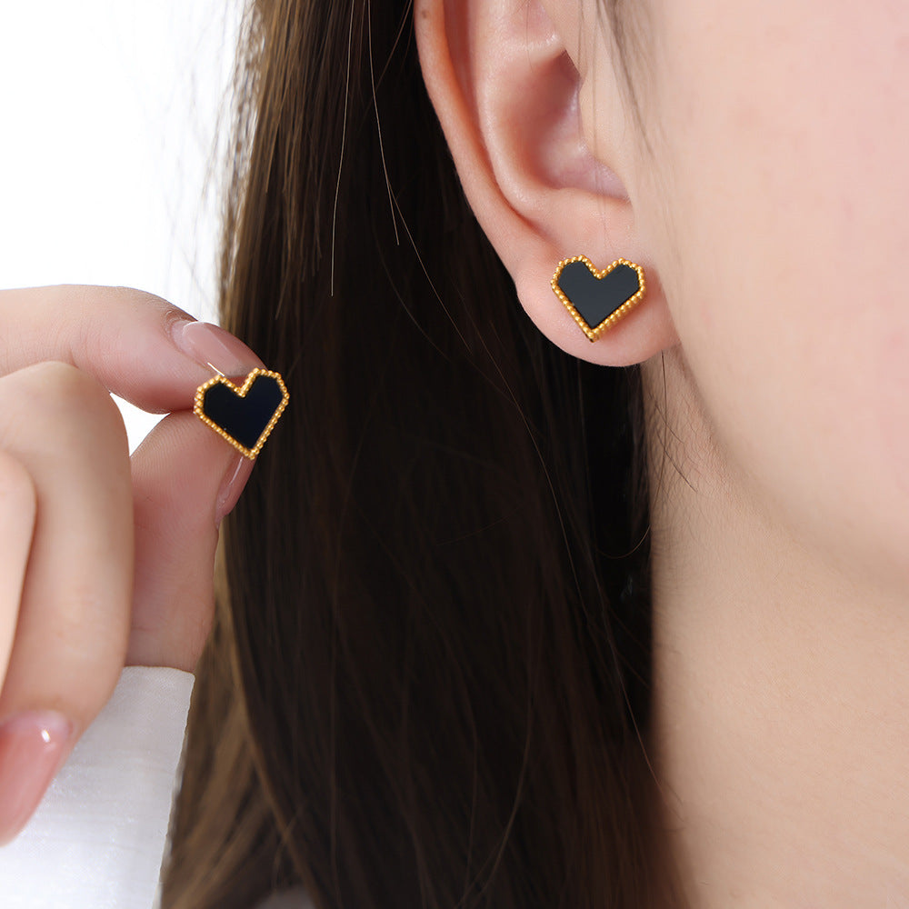Women's Peach Heart Micro Glass Bead Titanium Steel Gold Earrings
