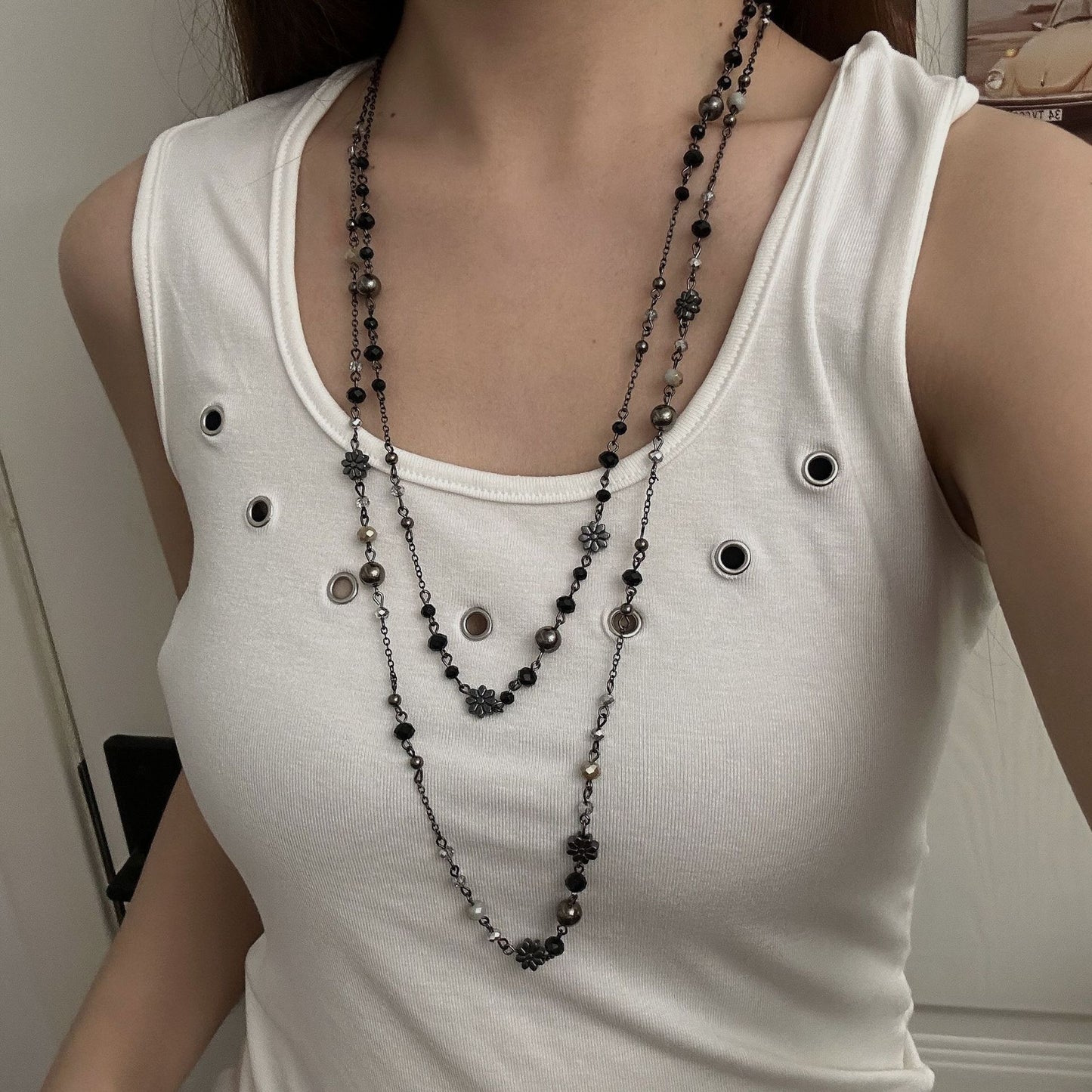 Vintage Beaded Long Twin Niche Clavicle Necklaces