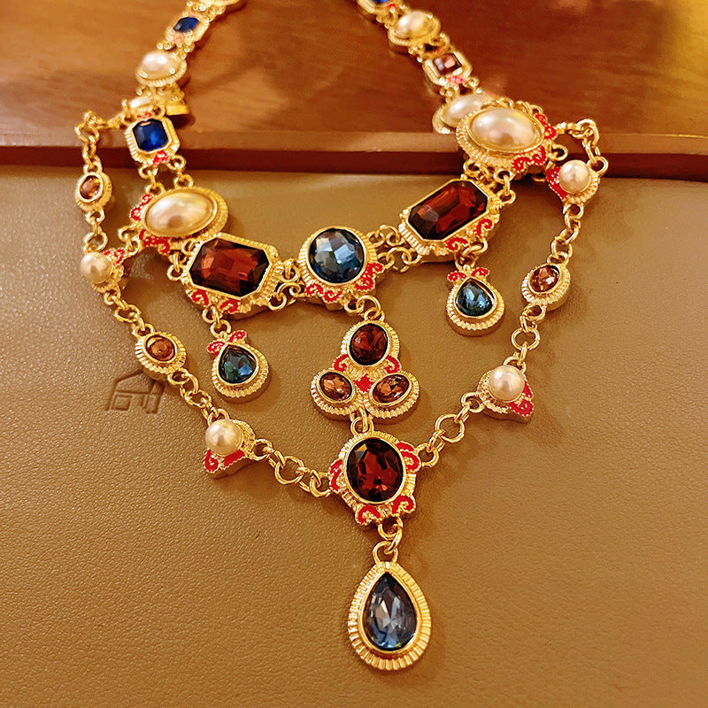 Style Turquoise Blue Diamond Flower Ear Light Luxury Minority Clavicle Necklaces