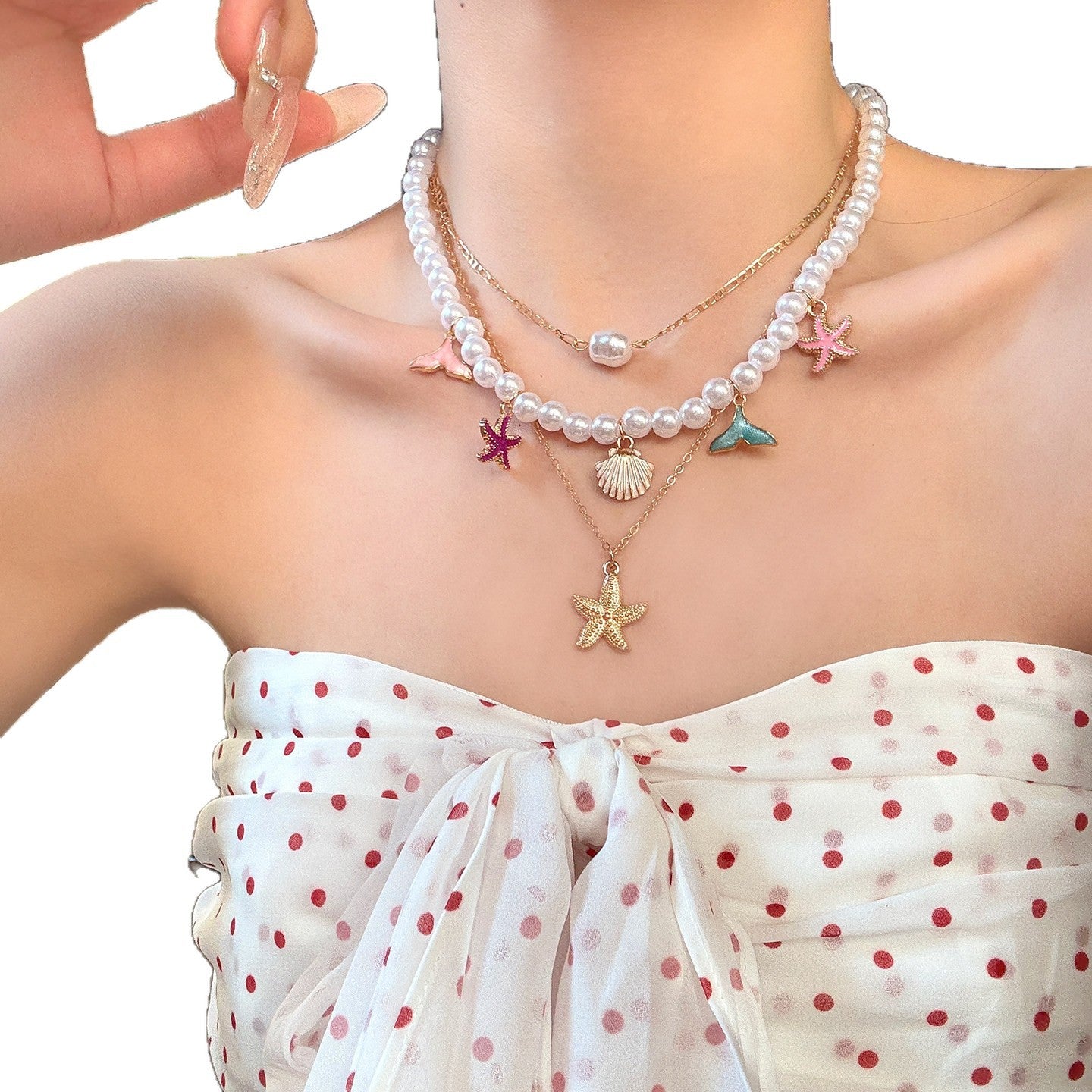 Colorful Island Starfish Pearl Seaside Vacation Style Clavicle Chain Necklace