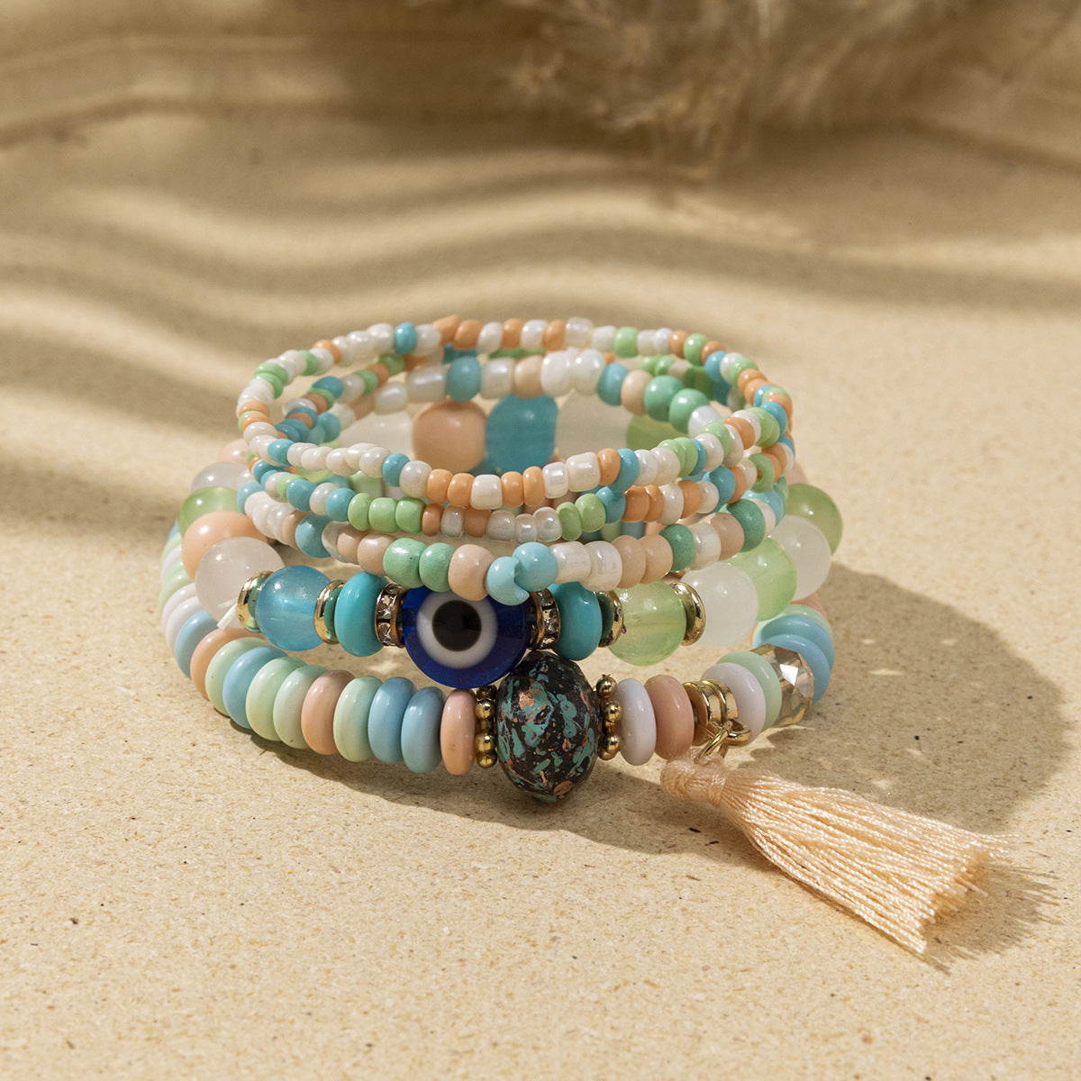 Women's Bohemian Vacation Style Twin Design Sense Glass Beads Stretch Bracelet