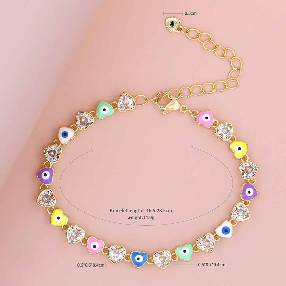 Heart-shaped Devil's Eye Zircon Micro Inlaid Electroplated Dripping Oil Fashion Bracelet