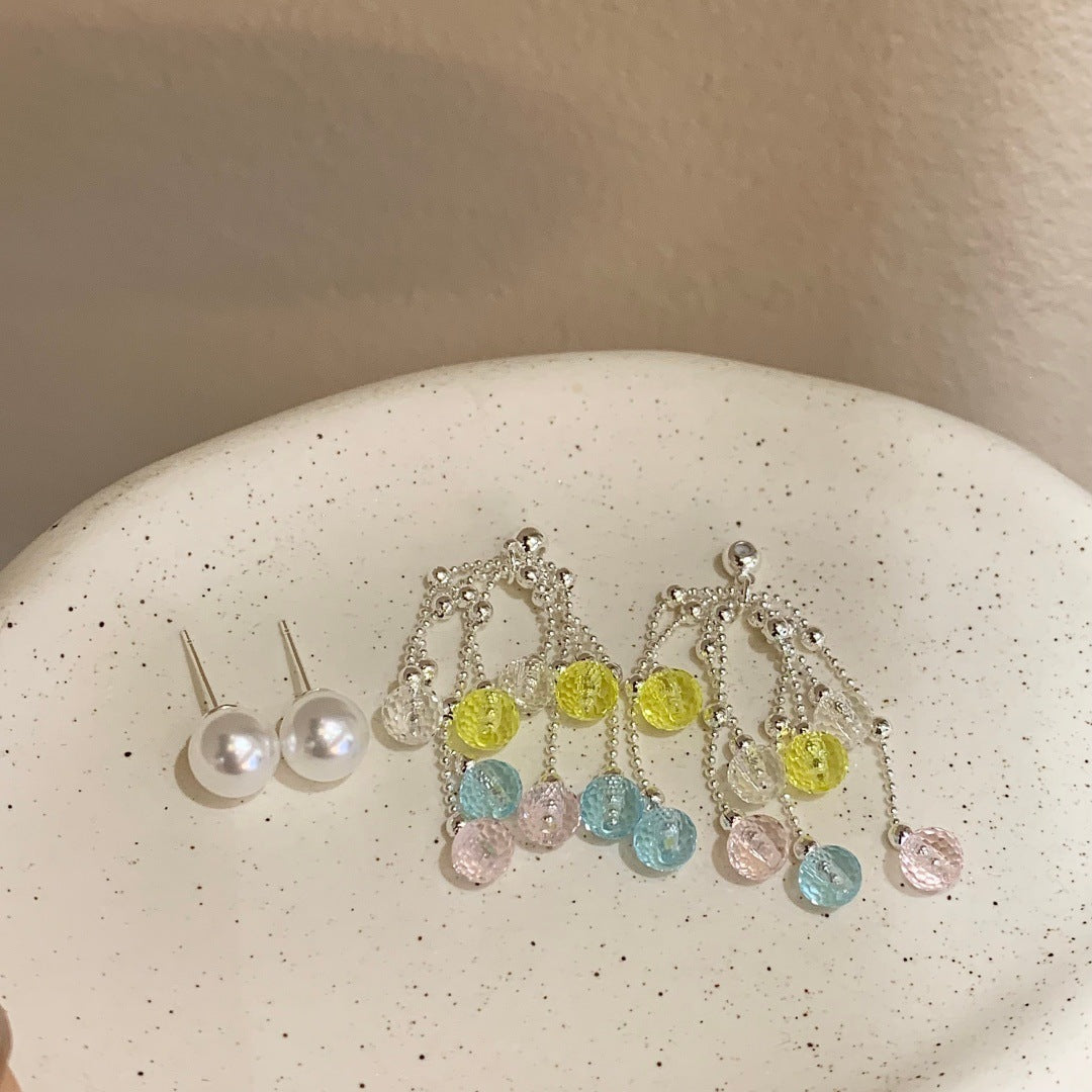 Style Niche Color Crystal Tassel Long Fashionable Dopamine Indie Pop Stud Earrings